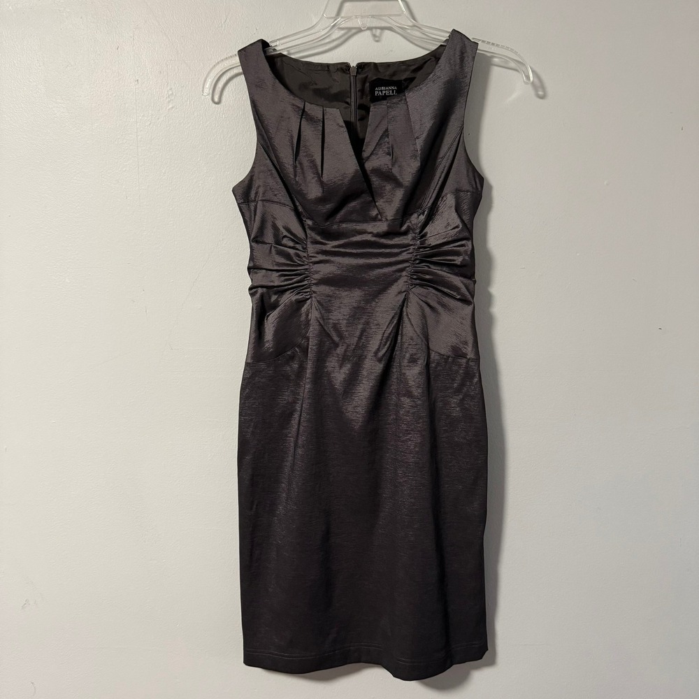 Adrianna Papell Charcoal Grey Ruched Metallic Sheath Dress‎ Size 6 Sleeveless